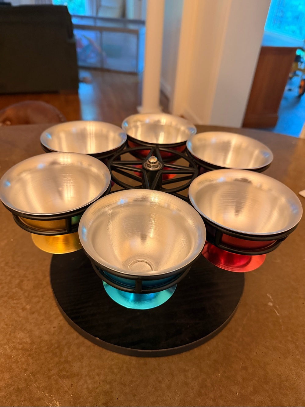 Set of 6 Metal Bowls on Rotating Stand Retro Lazy Susan Party Server